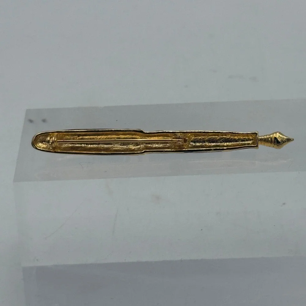 Vintage Black Enamel Fountain Pen Brooch Gold Tone Rhinestone Nib Writer Gift - Picture 2 of 4